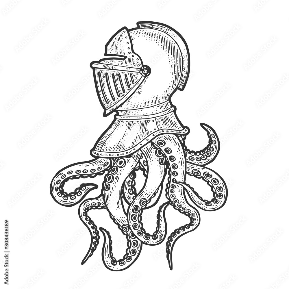 Octopus tentacles in medieval knight helmet sketch engraving vector illustration. T-shirt apparel print design. Scratch board imitation. Black and white hand drawn image.