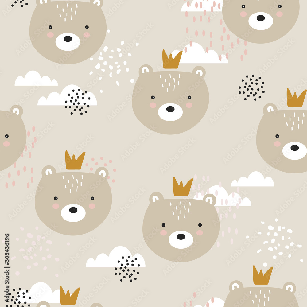 custom made wallpaper toronto digitalBears with crowns, hand drawn backdrop. Colorful seamless pattern with muzzles of animals. Decorative cute wallpaper, good for printing. Overlapping colored background vector