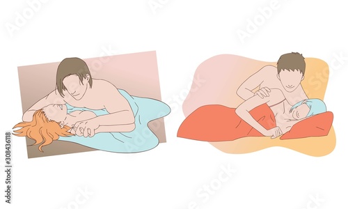 loving young couple hug and lay on bed together.  vector illustration isolated cartoon hand drawn
