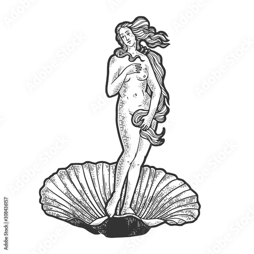 Birth of Venus ancient picture sketch engraving vector illustration. T-shirt apparel print design. Scratch board imitation. Black and white hand drawn image.