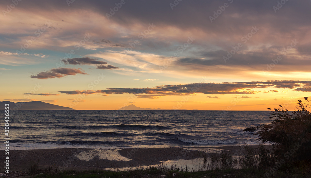 Beautiful evening sea with reed thickets and scenic sunset sky at background