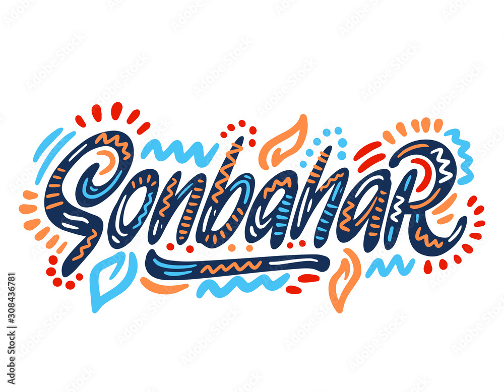 Sonbahar - Autumn in Turkish. Hand Lettering word. Handwritten modern brush typography sign. Greetings for icon, logo, badge, cards, poster, banner, tag. Colorful Vector illustration