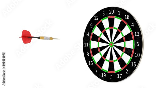 Rotating dart arrow hitting bullseye of the target in the center of dartboard. Slow motion side view. Goal achievement or achieving success idea illustration. Winning business concept.