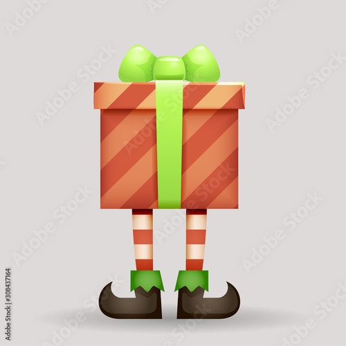 Gift box christmas elf legs santa claus new year 3d cartoon character design vector illustration