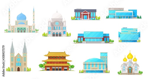 Church and library buildings, vector icons of religion and education architecture. Cathedral, temple and mosque, synagogue and public library construction exteriors with windows, doors and roofs