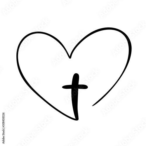 Vector Christian logo Heart with Cross on a White Background. Isolated Hand Drawn Calligraphic symbol. Minimalistic religion icon