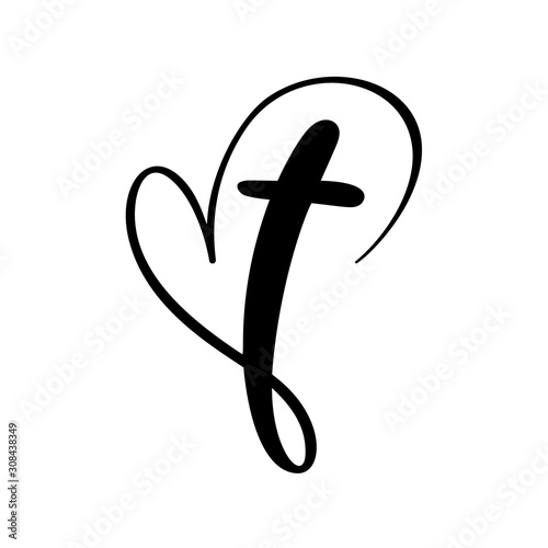 Vector Christian logo Heart with Cross on a White Background. Isolated Hand Drawn Calligraphic symbol. Minimalistic religion icon