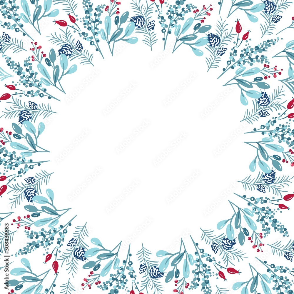 Fototapeta premium Christmas background with xmas branches, leaves and other elements. Vector template for greeting card with place for text. Winter isolated frame