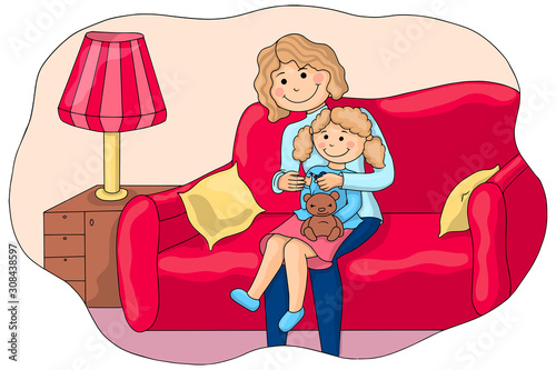 Mom cuts her nails to her little daughter. Children vector illustration