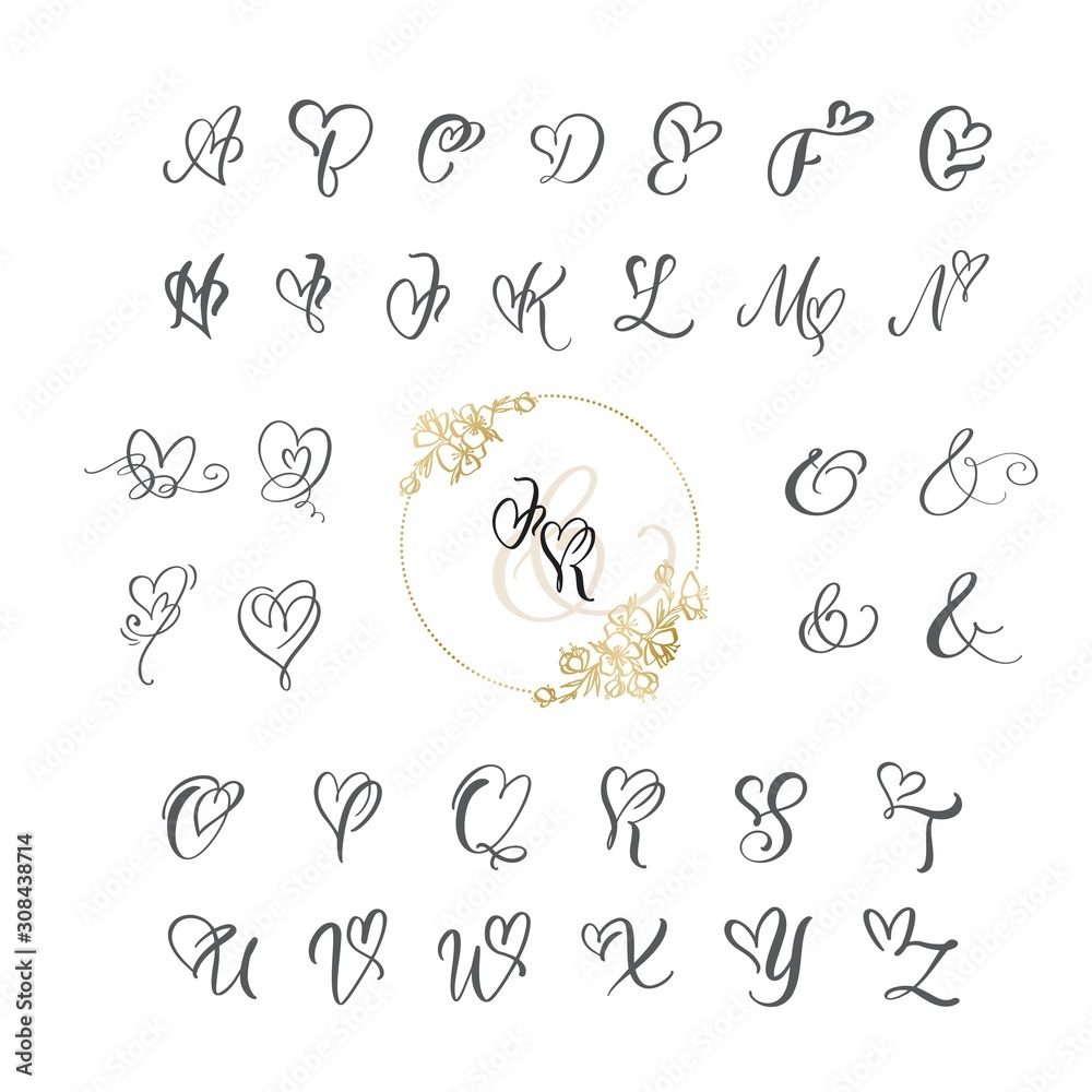 Handwritten heart calligraphy monogram alphabet. Valentine Cursive font ...