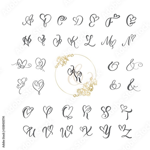Handwritten heart calligraphy monogram alphabet. Valentine Cursive font with flourishes heart font. Cute Isolated letters. For postcard or poster decorative graphic design