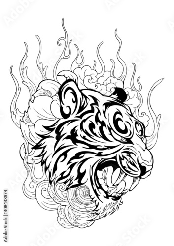 Tiger head in roar with lotus flower decorate with cloud or smoke design with oriental  Japanese tattoo style vector 