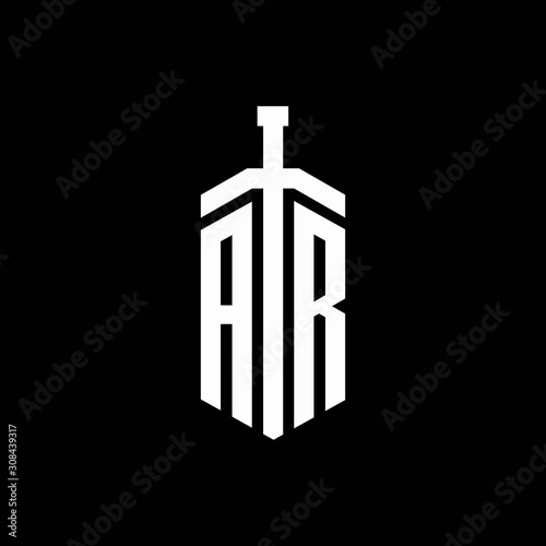 AR logo monogram with sword element ribbon design template
