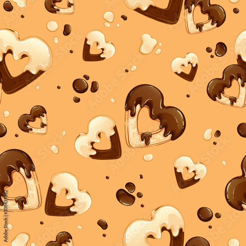 Seamless pattern with cookies hearts in white and black chocolate icing and with drops of chocolate. Background with sweets for a postcard or a festive menu in a cafe.