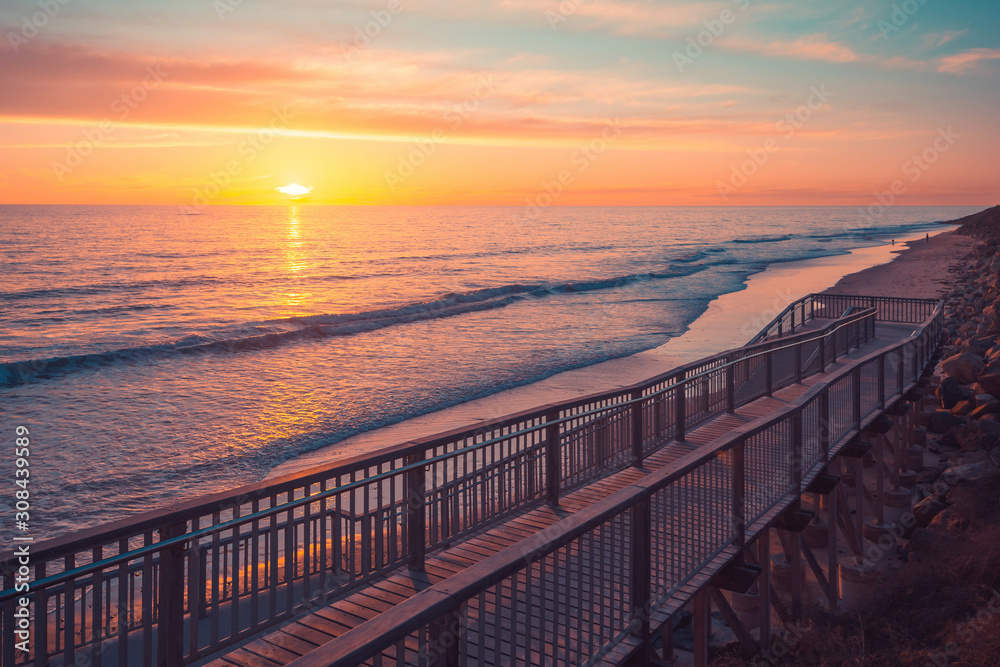 Christies Beach boardwalk at pink sunset, South Australia Stock Photo