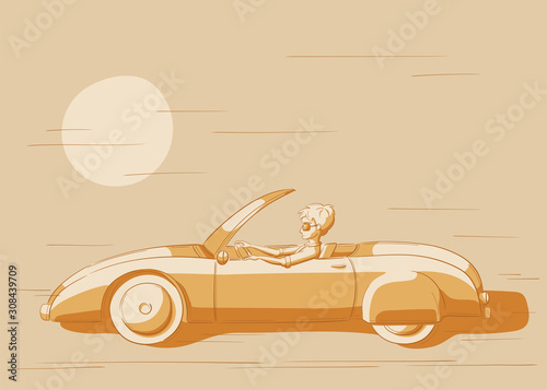 young man driving a cabriolet illustration