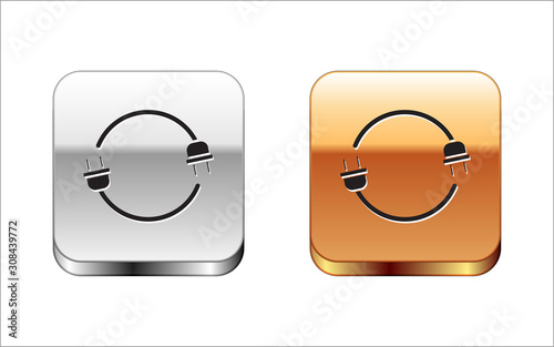 Black Electric plug icon isolated on white background. Concept of connection and disconnection of the electricity. Silver-gold square button. Vector Illustration