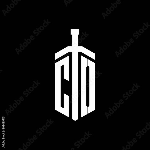 CO logo monogram with sword element ribbon design template