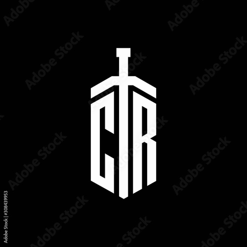 CR logo monogram with sword element ribbon design template