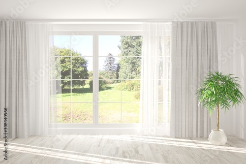 Stylish empty room in white color with summer background in window. Scandinavian interior design. 3D illustration