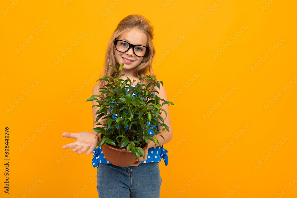 Nice little girl with her glasses holds a plant and smiles isolated on white background Nice little girl with her glasses holds a plant and smiles isolated on white background