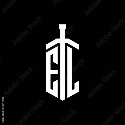 EL logo monogram with sword element ribbon design template