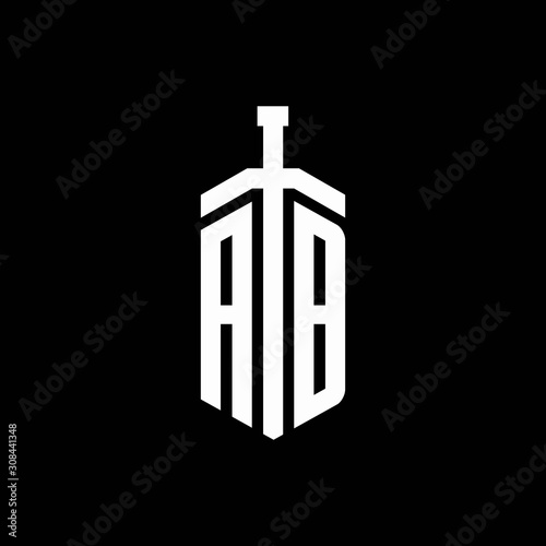 AB logo monogram with sword element ribbon design template