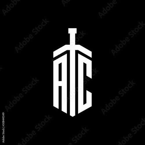 AC logo monogram with sword element ribbon design template