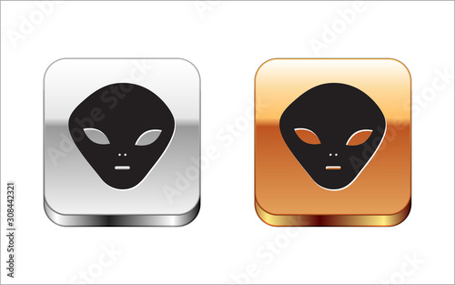 Black Alien icon isolated on white background. Extraterrestrial alien face or head symbol. Silver-gold square button. Vector Illustration