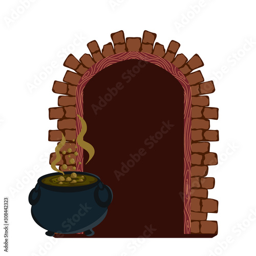 Magic wooden door with brick edging on white background. Witch door with cauldron.Vector illustration