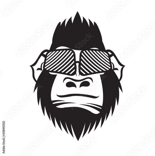 Gorilla wearing glasses cartoon vector illustration for t shirt, logo, tattoo, book, cover, flyer, printing, advetisement, black and wihte color