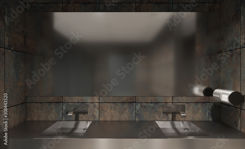 Stainless steel washbasin in a public toilet. 3D rendering