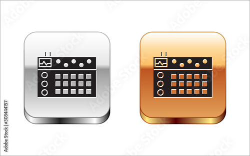 Black Drum machine icon isolated on white background. Musical equipment. Silver-gold square button. Vector Illustration