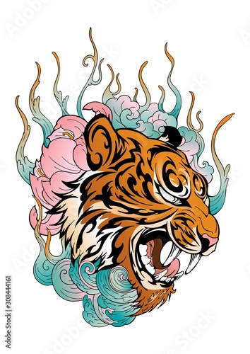 Fototapeta Naklejka Na Ścianę i Meble -  Tiger head in roar with lotus flower decorate with cloud or smoke design with oriental  Japanese color tattoo style vector 