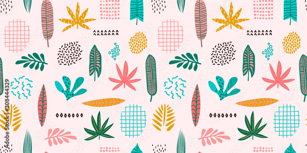 Fototapeta Abstract seamless pattern with tropical leaves. Hand draw texture. Vector.