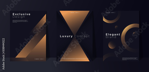 Dark premium background set with luxury dark golden geometric elements. Exclusive background for poster, banner, flyer, presentation, web design etc. Vector EPS