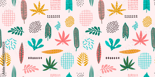 Abstract seamless pattern with tropical leaves. Hand draw texture. Vector.
