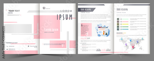 Front and Back View of Business Bi-Fold Brochure, Template or Cover Page Layout with Company Growth Presentation.
