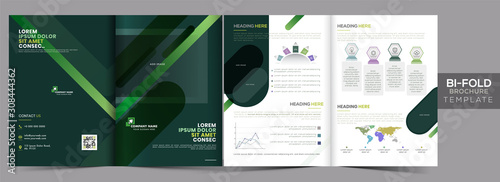 Front and Back View of Business Bi-Fold Brochure Template Layout, Annual Report in Green and White Color.