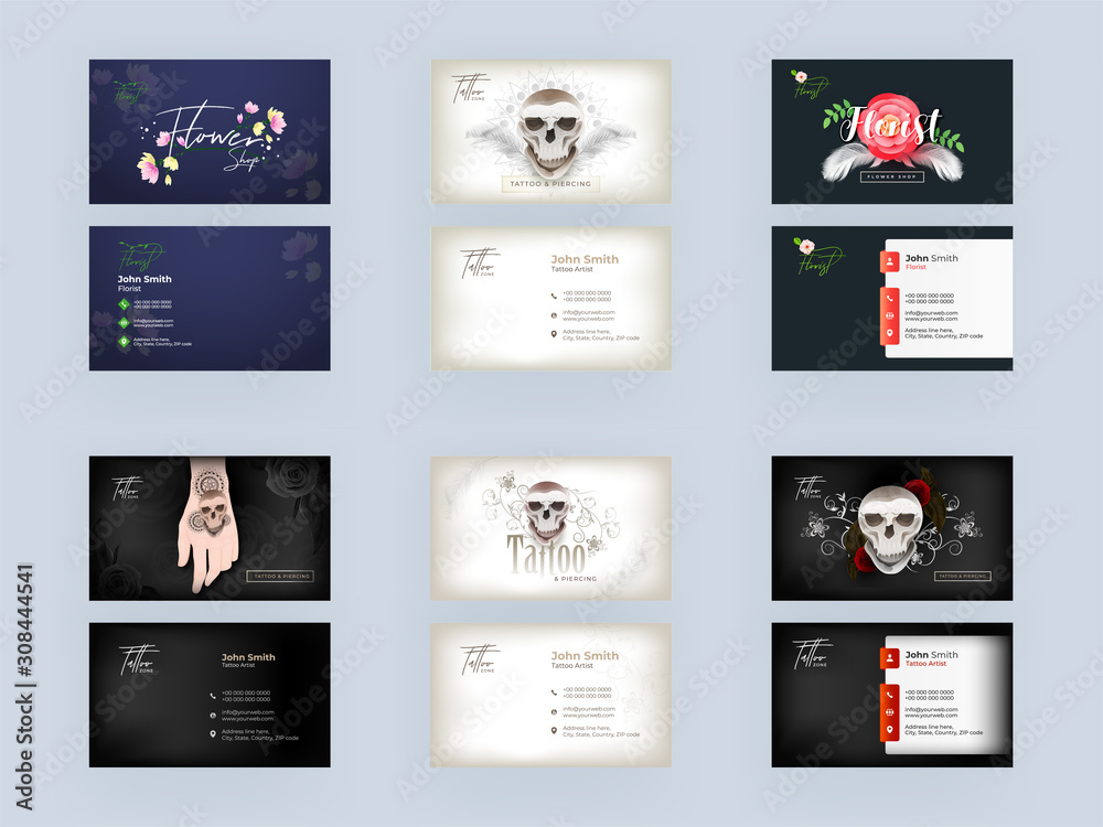 Flower Shop and Tattoo Artist Business Card or Visiting Card Design Set in Front and Back View.