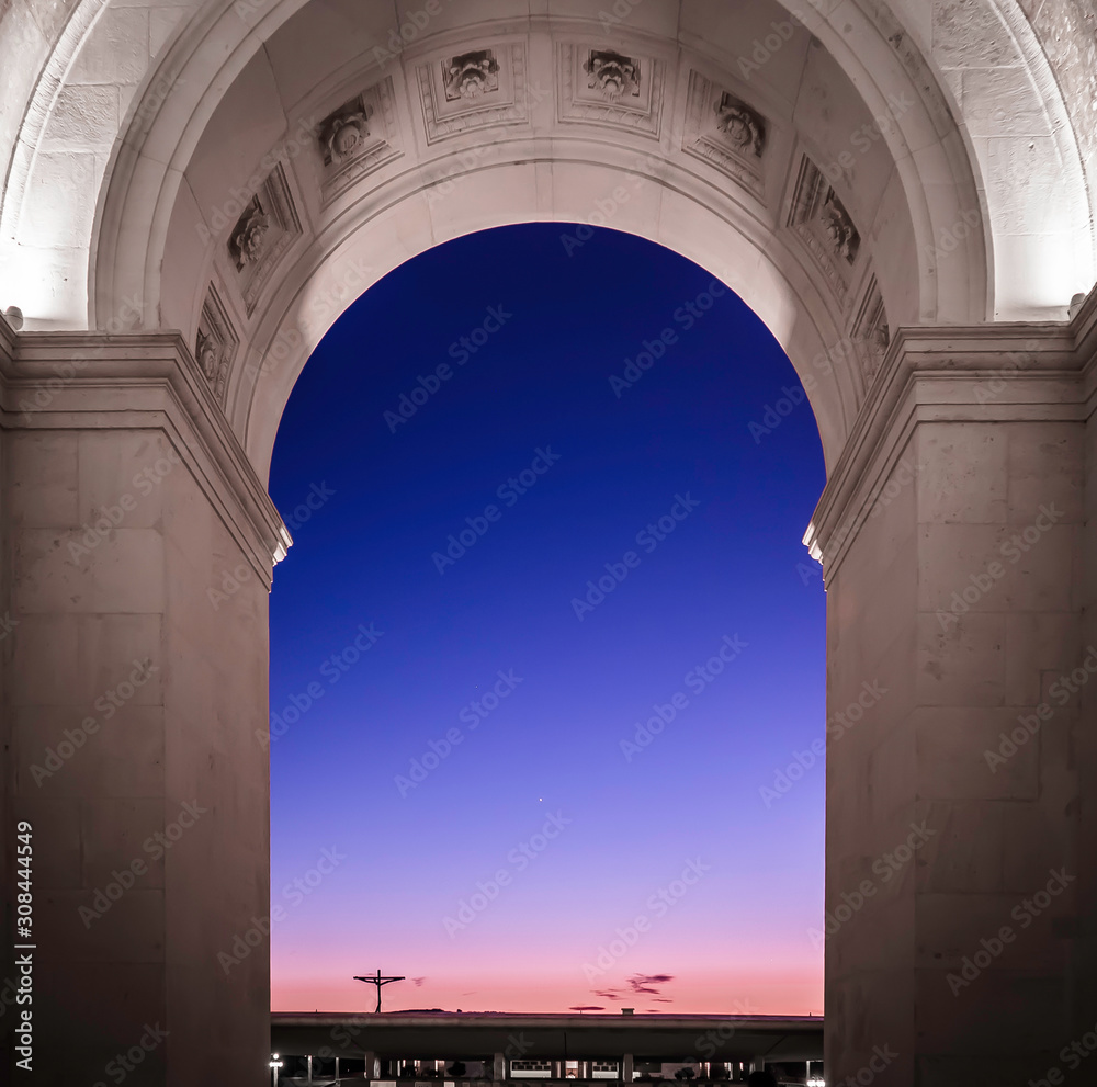 Twilight scenery at the porch of the Shrine of Our Lady Of the Rosary of Fatima, Fatima, Portugal