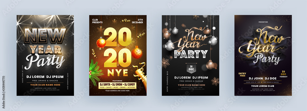 Invitation Card or Flyer Design Set with hanging Baubles, Champagne Bottle and Snowflake in Brown and Black Silk Fabric Background for 2020 NYE Party.