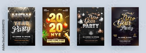 Invitation Card or Flyer Design Set with hanging Baubles, Champagne Bottle and Snowflake in Brown and Black Silk Fabric Background for 2020 NYE Party. photo