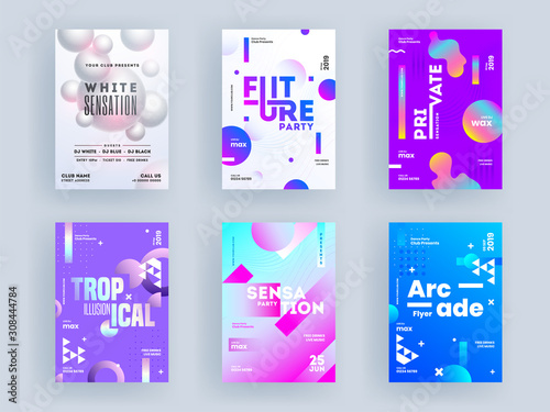 Different Flyer Design as Sensation, Future Party, Private, Tropical Illusion and Arcade.