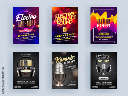 Night Party Flyer Designs of Electro Dance, Magnetic, Abstract, Minimal Sounds, Colorholic, Karaoke.