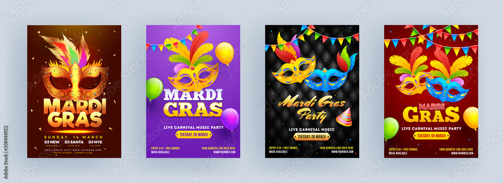 Different Color Mardi Gras Party Flyer Design with Carnival Mask, Party Hat and Balloons.