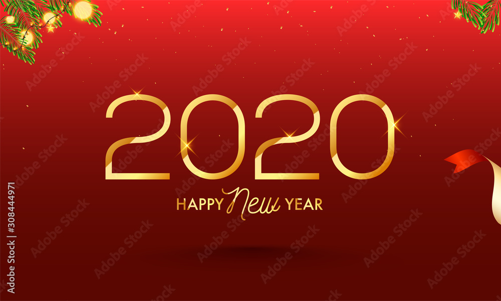 Golden 2020 Happy New Year Text on Red Background Decorated with Pine leaves and Lighting Garland.