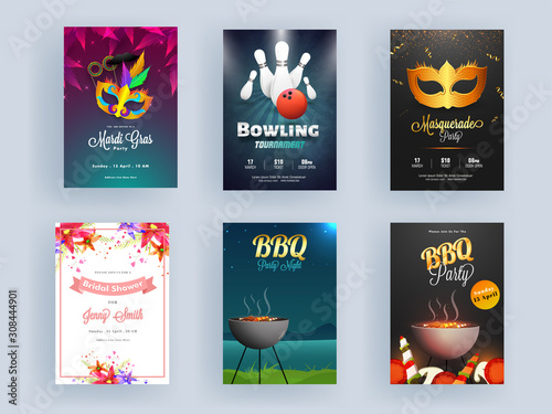 Different Flyer Design as BBQ Night, Mardi Gras, Masquerade Party, Bowling Tournament and Bridal Shower Invitation.