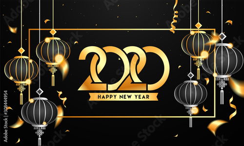 Golden Happy New Year 2020 Text with Hanging Chinese Lanterns and Confetti Ribbon Decorated on Black Background.