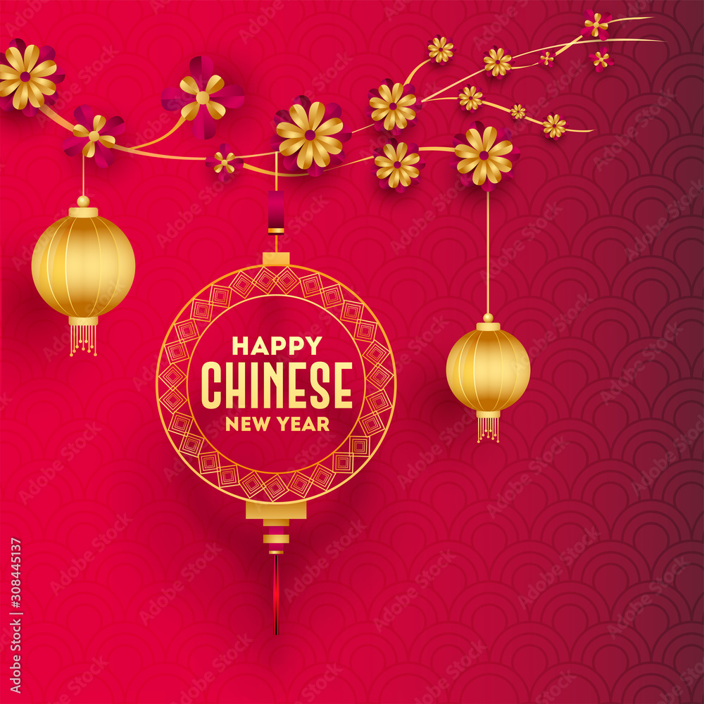 Golden Happy Chinese New Year Text in hanging Circular Ornament with Lanterns and Paper Cut Flower Branch on Pink Circular Wave Pattern Background.